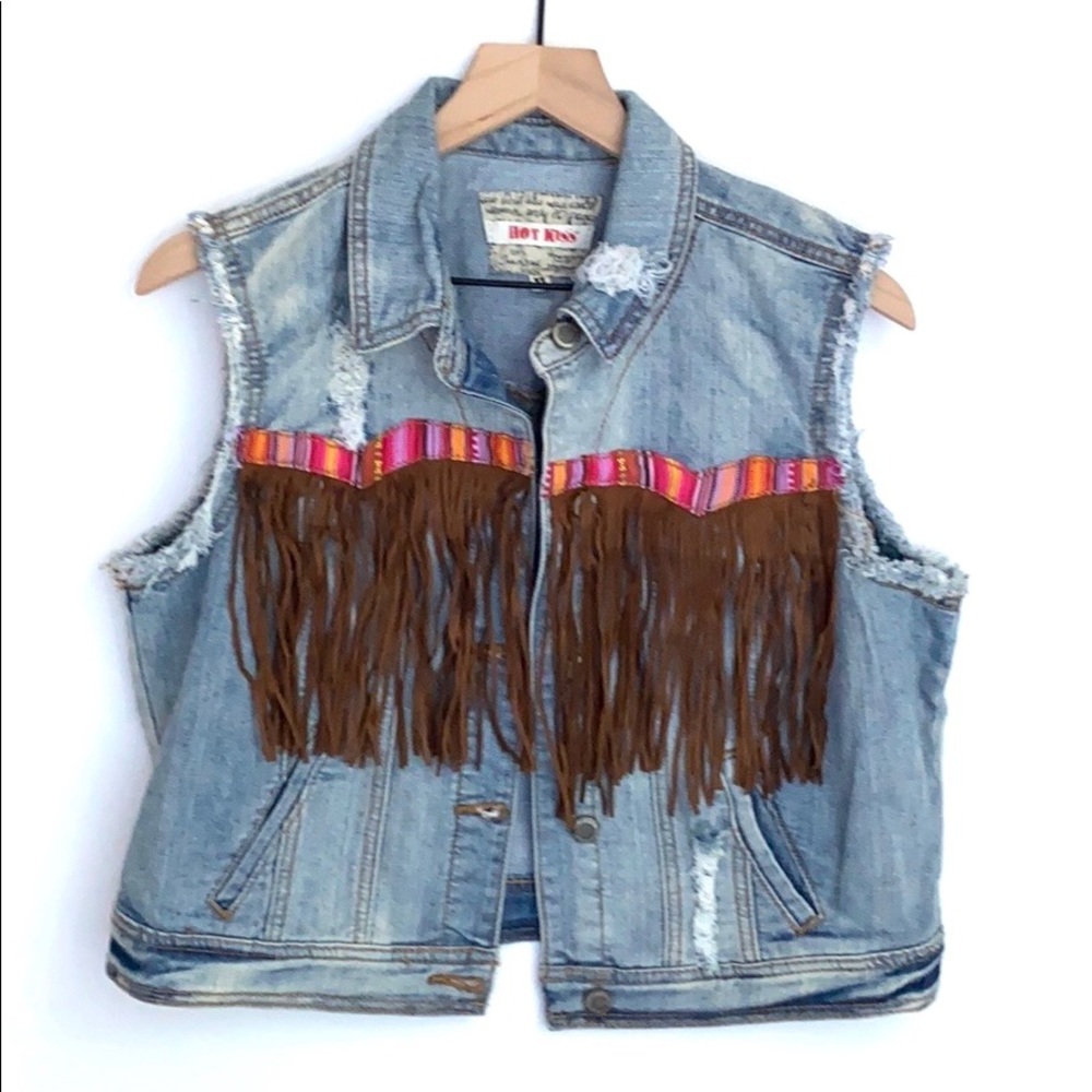 Hot Kiss Denim Vest Tassels Jacket Distressed, XL